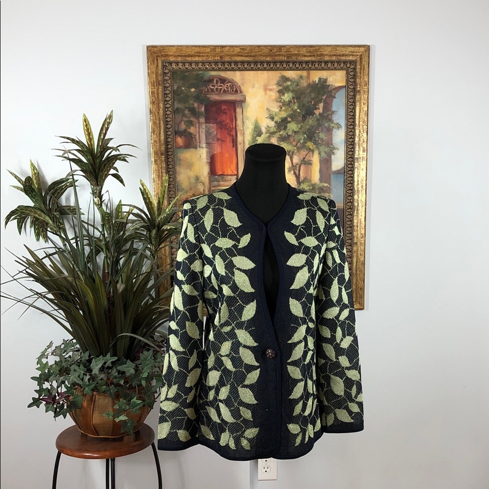 Leaf Patterned Black and Green Women's Cardigan Sweater Metallic One Button Fron